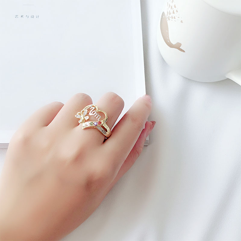 Hot Selling Elegant Gold Filled Mom Ring with Side Stones Colorful Crystal Love Heart Love Mom Ring Mother's Day Gifts