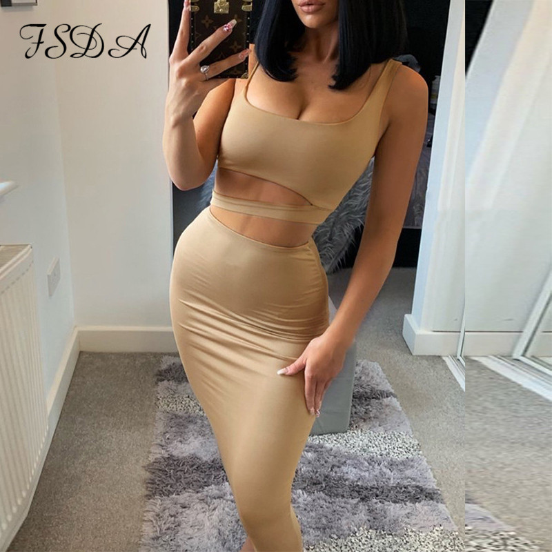 FSDA Summer 2-Piece Set - Spaghetti Strap Crop Top And Bodycon Skirt Party Club Outfit For Women (Black & White) B4