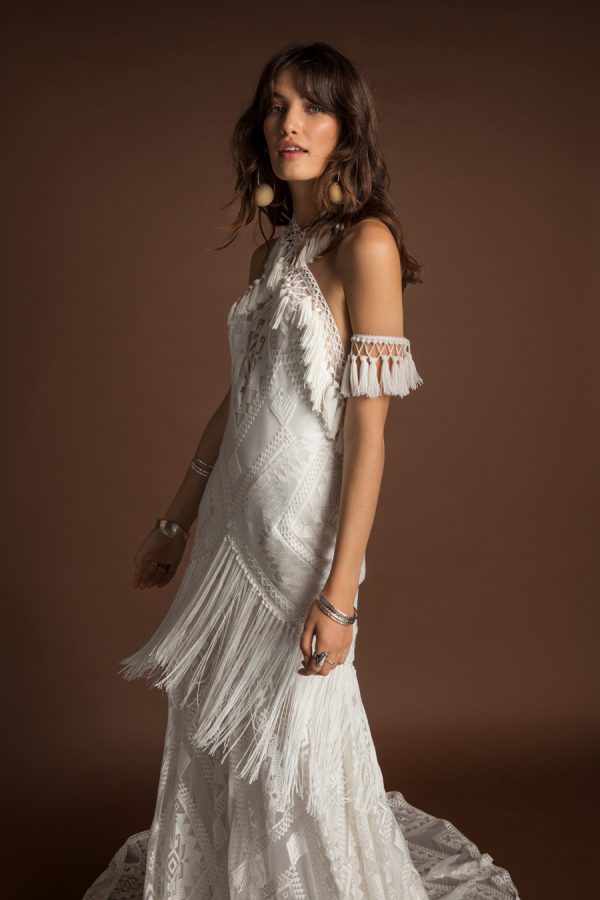 Punk Style Mermaid Wedding Dresses Halter Lace Appliqued Tassel Sweep Train Backless Vintage Bohemian Wedding Dress Custom Made Bridal Gowns