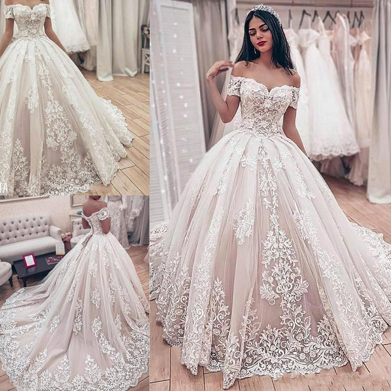 2020 Lace Ball Gown Wedding Dresses Off Shoulder Sweep Train Bridal Gowns With Lace Applique Wedding Party Gowns