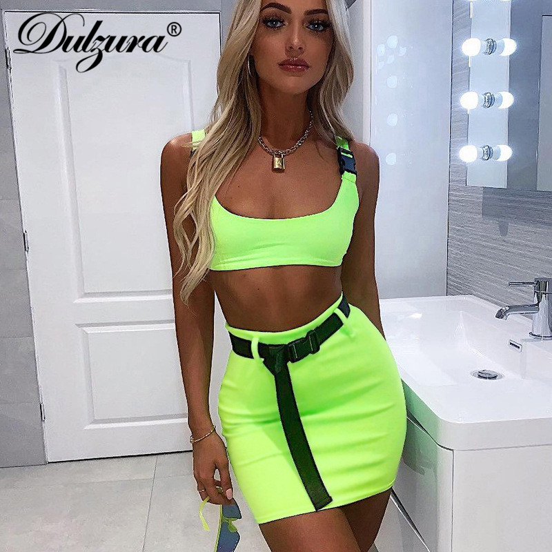 Two Piece Dress Dulzura 2021 Summer Women Pieces Set Skirt Bandage Crop Top Tracksuit Outfits Streetwear 2 Festival Clothes1