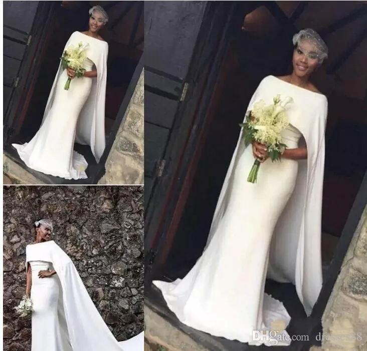 Latest Satin Mermaid Wedding Dresses African Girl With Cape Zipper Back Arabic Bridal Dresses Wedding Gowns