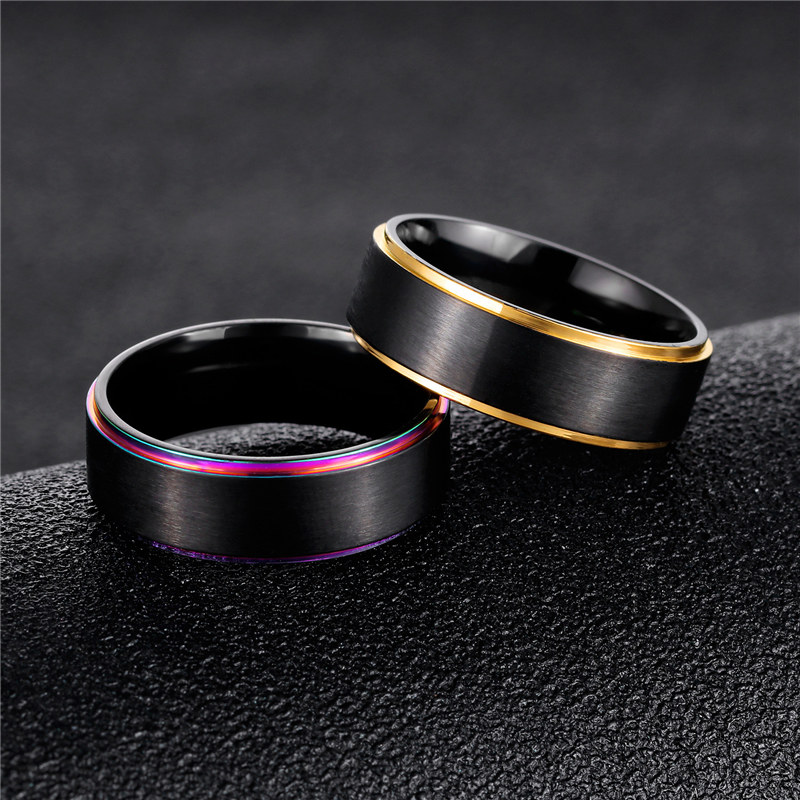 Rainbow Gold Side Brush Ring band Black Stainless Steel Wed Rings Fashion designer Jewelry for Women Men Gift Will and Sandy