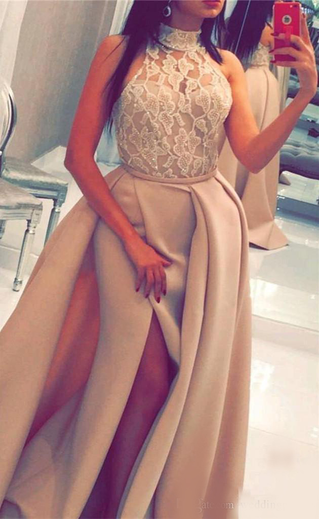 Gorgeous High Neck Long Prom Dresses Lace Beaded Floor Length Side Split Satin Formal Evening Dress Gowns