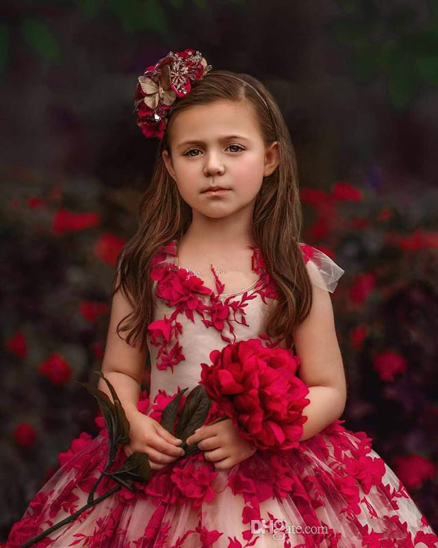Cute 3D Floral Appliqued Little Girls Pageant Dresses Ball Gown Flower Girl Dress For Wedding Jewel Neck Tulle First Communion Gowns
