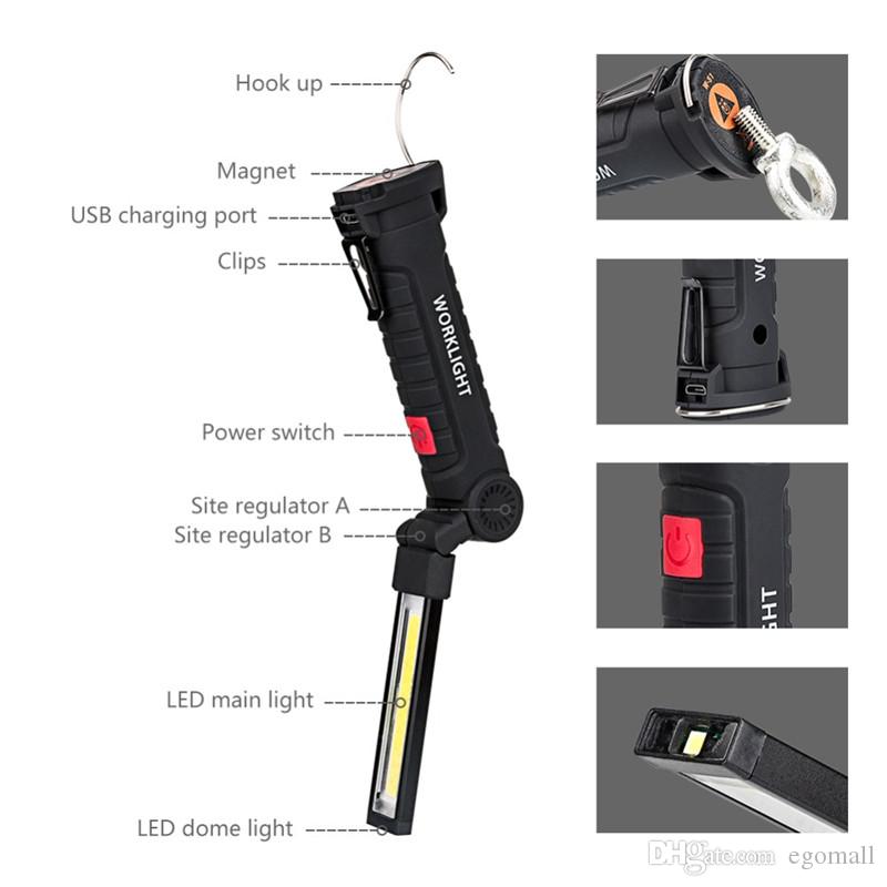 Lighting COB Flashlight 5 Mode Torch USB Rechargeable LED Work Light Magnetic COB Lantern Hanging Lamp Hook For Camp