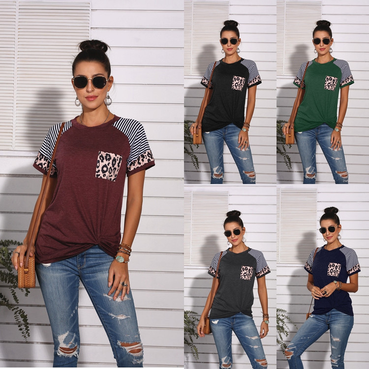 Fashion Women Casual Short Sleeve Summer T-shirt Leopard Stripes Stitching T shirt Top Tees Femme Ladies Tshirt Clothes Soft