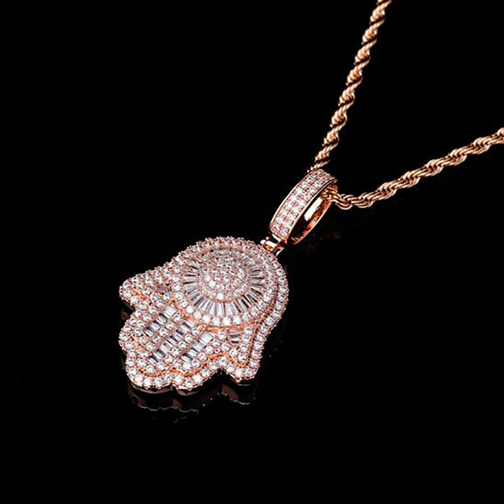 Iced Out Hand of Fatima Hamsa Pendant Necklace CZ Copper Top Quality Cubic Zircon Bling Bling For Men Women gifts