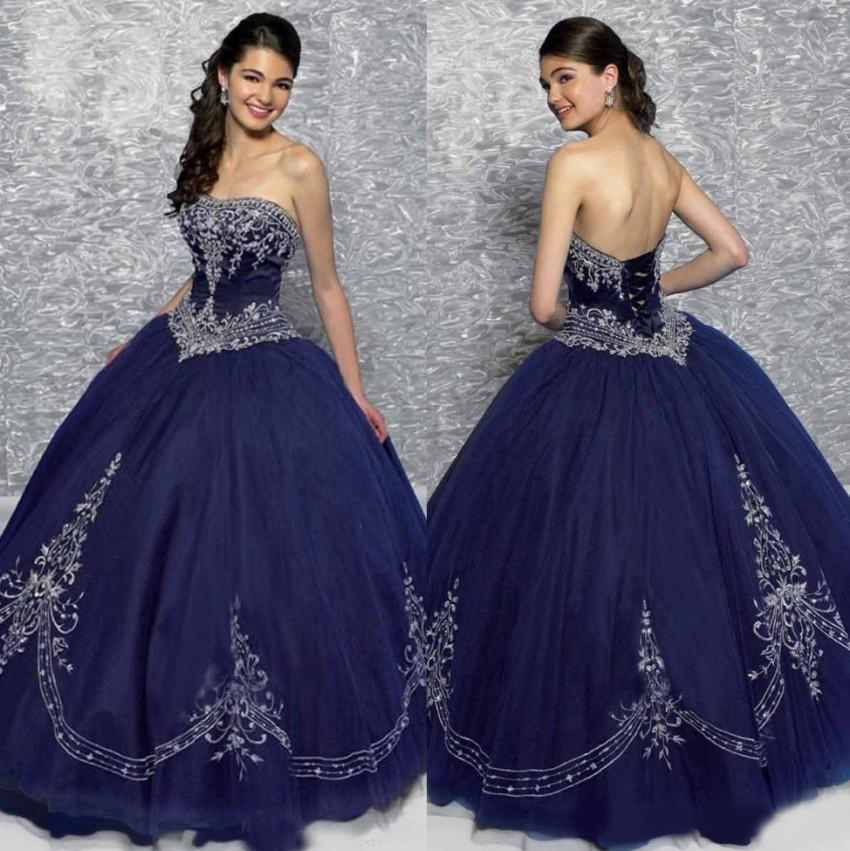 Navy Blue Lace Appliqued Ball Gown Quinceanera Dresses Strapless Neck Beaded Sweet 16 Dress Tulle Floor Length Corset Masquerade Gowns