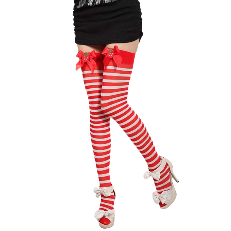 Women Lolita Christmas Ultrathin Velvet 20 Denier Strawberry Bow Striped Long Stockings Ladies Sheer Vintage Stockings for Cheerleaders