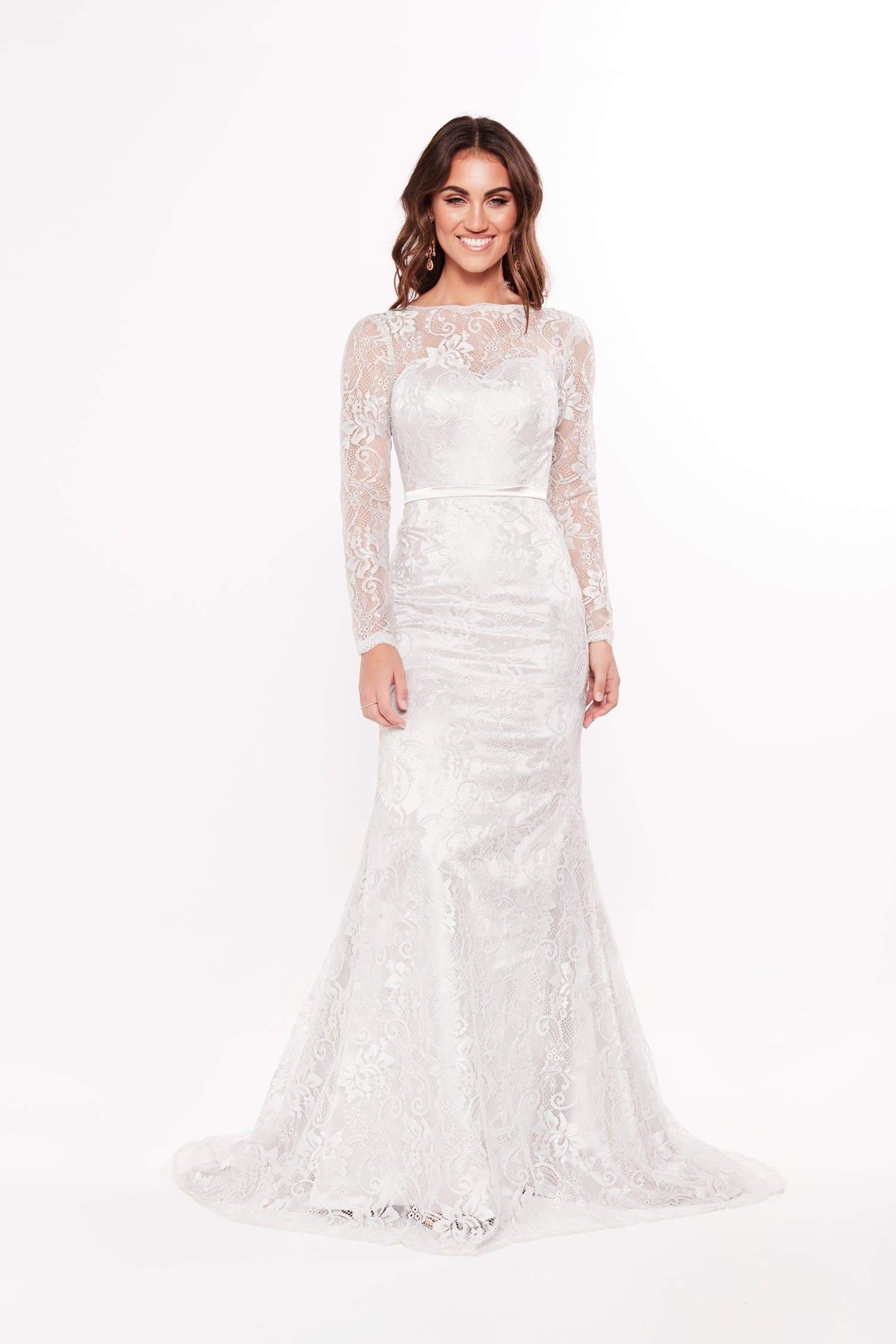 Elegent Mermaid Rita Vinieris Wedding Dresses Jewel Neck Long Sleeve Applique Sash Wedding Gown Sweep Train Custom robe de mariée