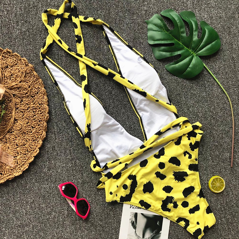 Sexy Bandage Leopard One-piece Suits Summer Swim Suit Yellow Plunge Bikini Swimsuit Female Swimwear Women 2018 High Cut Bathers C19030201