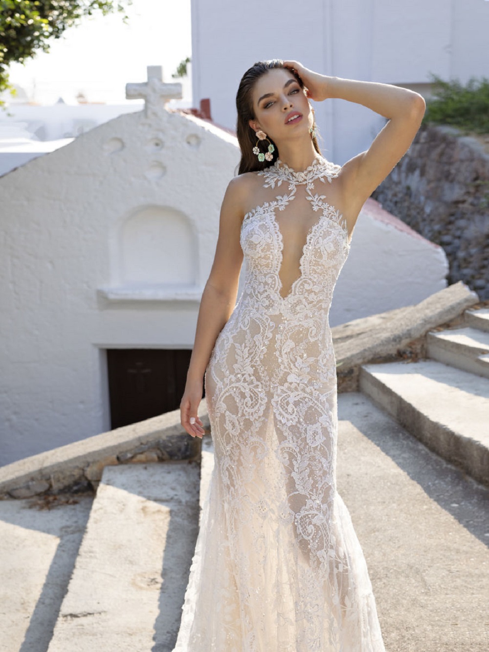 2020 New Lian Rokman Mermaid Wedding Dresses Sheer High Collar Lace Appliques Bridal Gowns Illusion Backless Sweep Train Wedding Dress