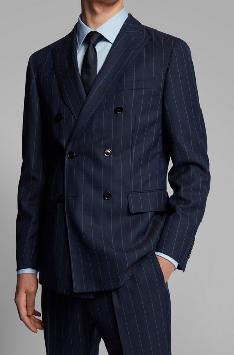 Navy Young Stripe Groom Wedding Tuxedos Men Groom Suits Peaked Lapel Double Breasted Prom Party Blazer Jacket (Jacket+Pants)