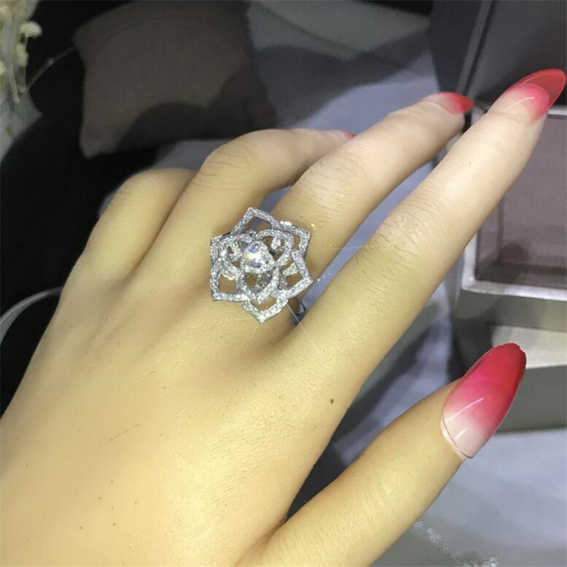 Sparkling Handmade Luxury Jewelry 925 Sterling Silver Round Cut White Topaz CZ Diamond Promise Party Women Wedding Rose Flower Band Ring