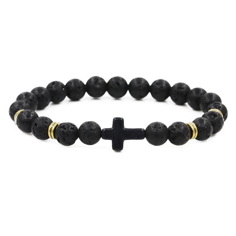 Personality White Turquoise Volcanic Rocks Tigers's eye Bead Bracelet Men Womens Natural Gemstone Cross Charms Stackable Bracelet Jewelry