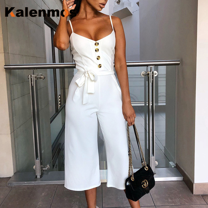 Summer Spaghetti Strap Rompers Women Jumpsuit Sexy Sleeveless Leisure Lace Up Wide Leg Pant Overall Elegant Work Bodysuit 2020, Black