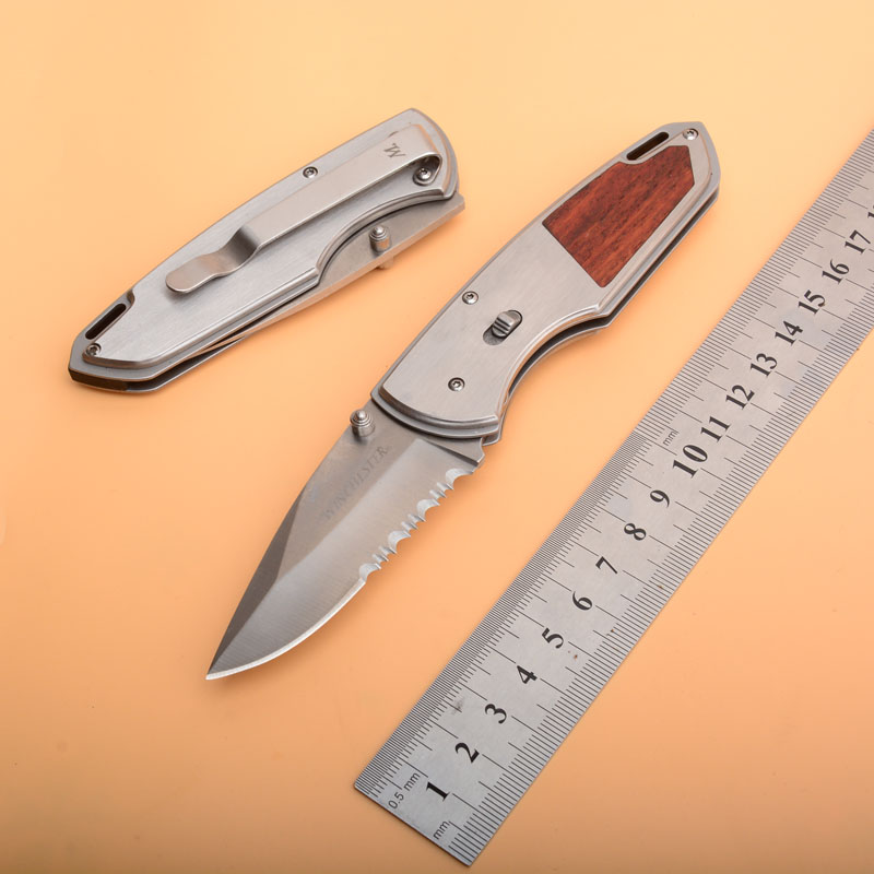 High Quality Survival Folder Knife 440C Half Serrated Satin Blade Wood + Steel Handle EDC Pocket Folding Knives