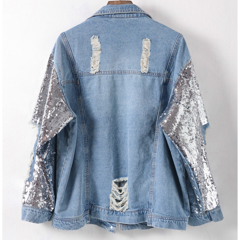 Mexemara Fashion The New Heavy Work Sequin Loose Hole Denim Jacket Free Ship