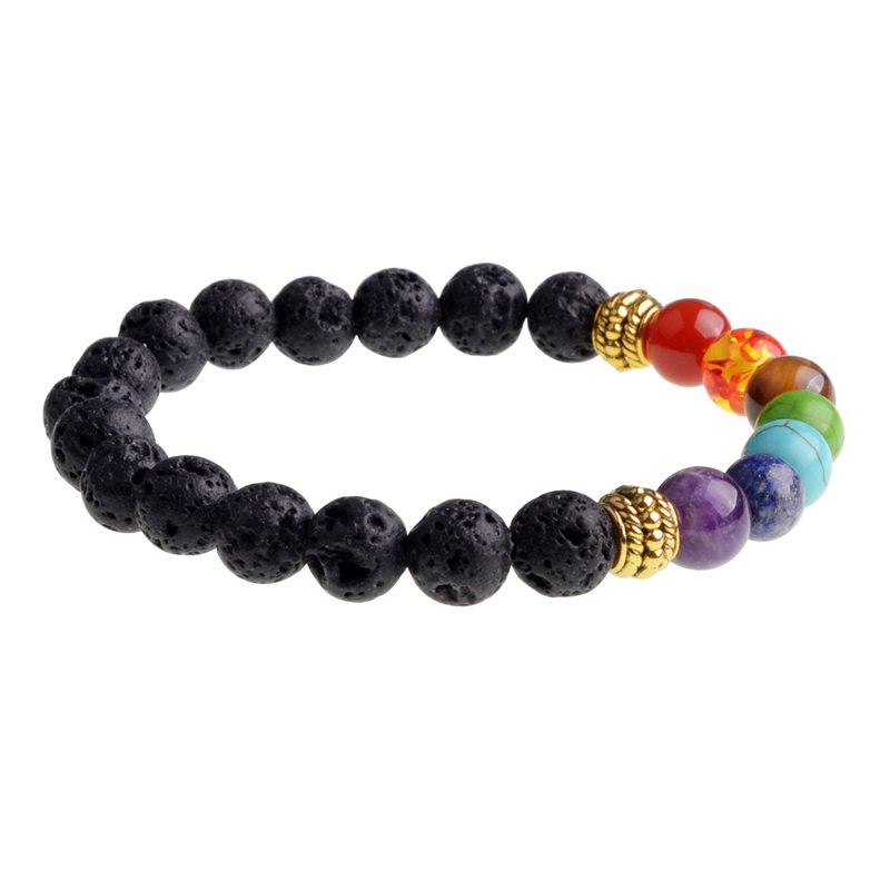 Black Lava Stone Jewelry 7 Chakra Bracelets Strands 8mm Yinyang Rock Bead Elastic Natural Stones Gemstones Yoga Menditation Beads for Men Women Girls