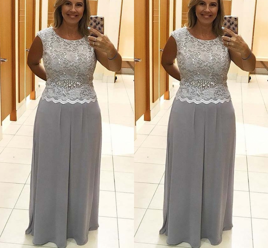 2020 Newest Elegant Plus size Silver A-Line Chiffon Long Mother Dresses With Crystal Sash Formal Evening Prom Gowns