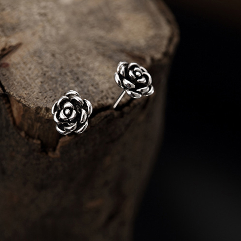 Retro Silver Rose Flower Stud Earrings Jewelry S925 Sterling Silver Prevent Allergy Ear Bone Nail Earrings