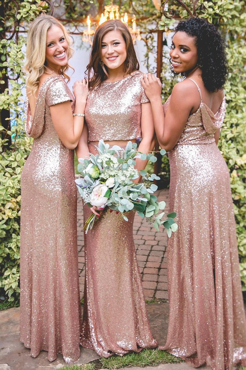 Sparkly Rose Gold Mermaid Dresses 2019 Cheap New Short Sleeves Backless Long Beach Sequins Maid of Honor Bridesmaid Gowns 2024