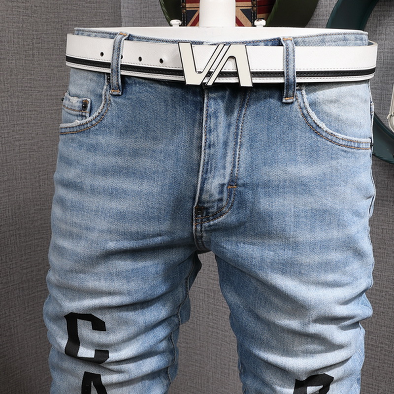 Print Distressed Blue Jeans Guy Slim Biker Fit Skinny Leg Ripped Fading Cowboy Trousers Men