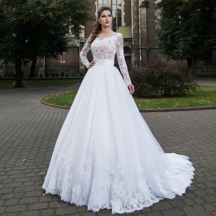 A Line Classy Lace Wedding Dresses Sheer Bateau Neck Long Sleeves Bridal Gowns Tulle Sweep Train Appliqued Robe De Marie ppliqued