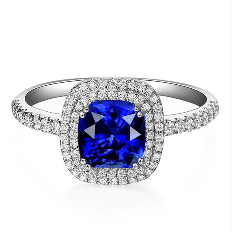 Top Selling Popular Luxury Jewelry 925 Sterling Silver Cushion Shape Blue Sapphire CZ Diamond Gemstones Pave Promise Women Wedding Ring Gift