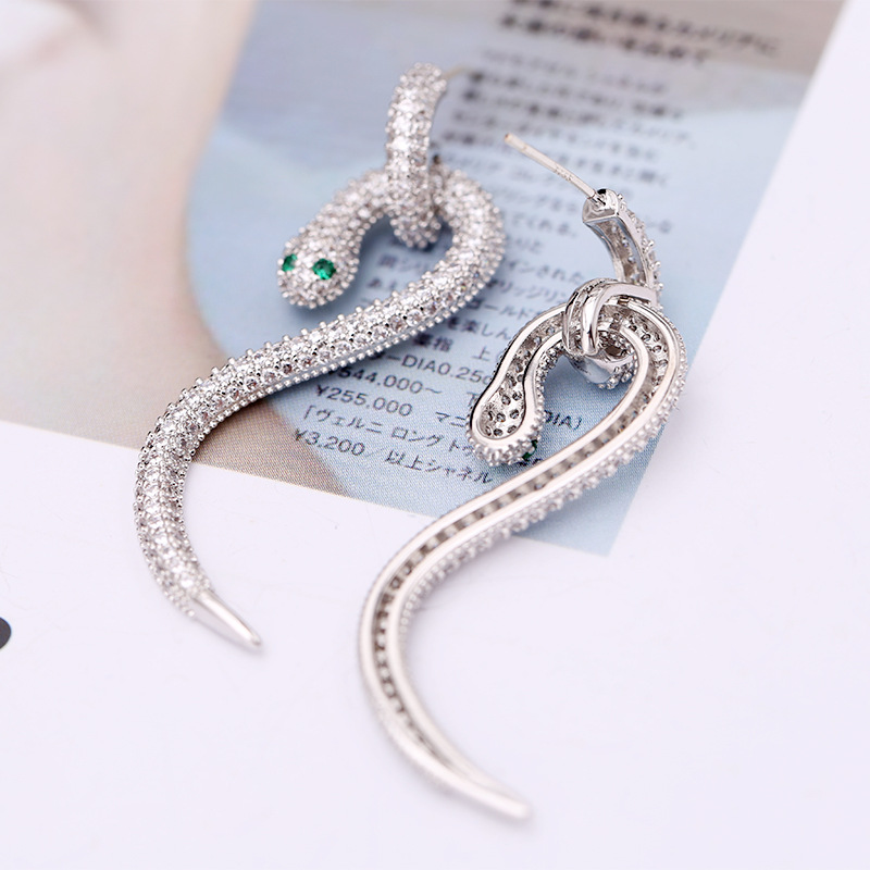 Bling Snake S925 Silver Needle Dangle Earrings White Zircon White Gold Plated Drop Earring Jewelry