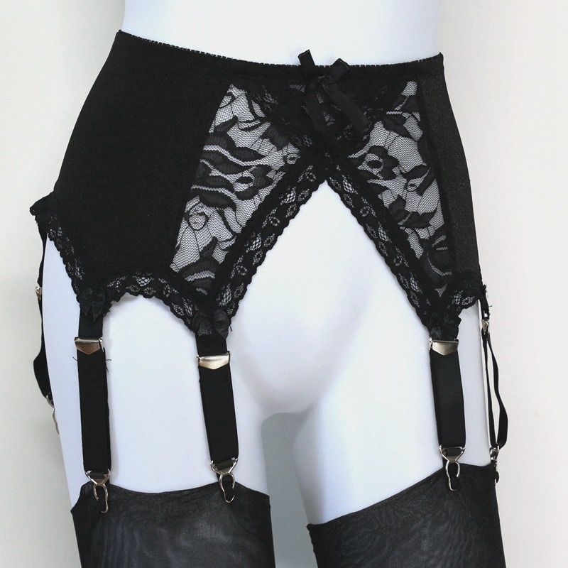 Sexy Women 3 Hook & Eye 6-Metal Buckles Straps Lace and Mesh Lingerie Suspender Elastic Garter Belt with Lace Hem and Satin Bows No stocking