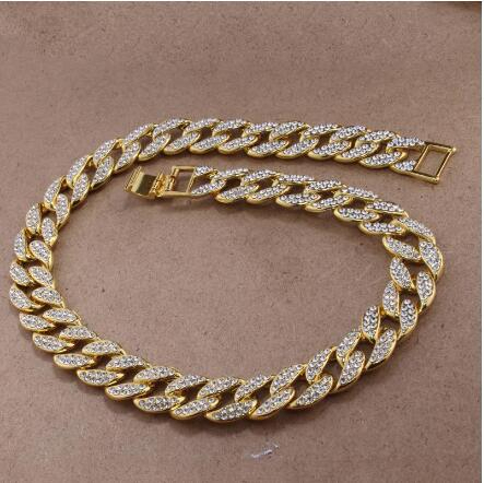 Karopel Iced Out Bling Rhinestone Golden Finish Miami Cuban Link Chain Necklace Men s Hip hop Necklace Jewelry 16,18, 20,24 Inch
