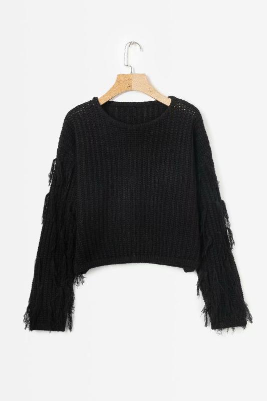 FY001 Loose knit knit sweater with a small round neck and Tassel, Black
