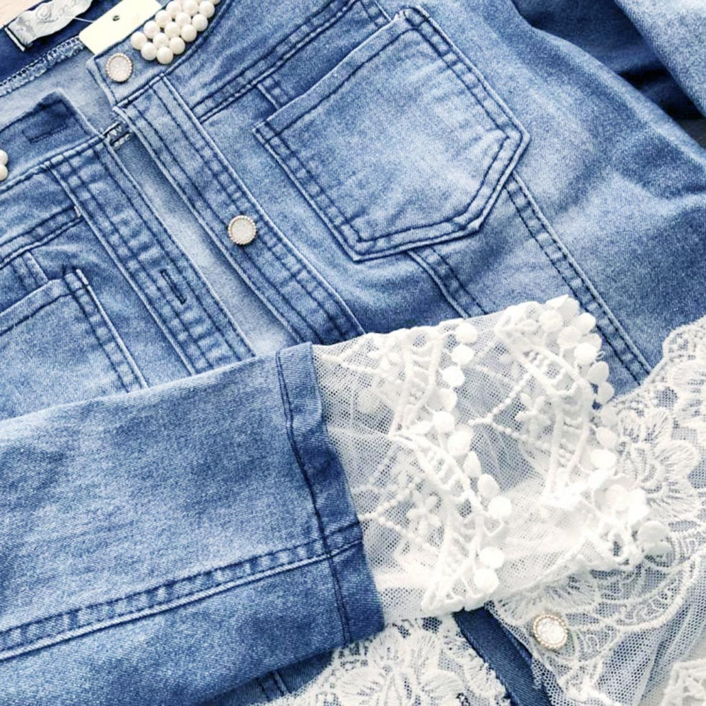 Autumn Winter Female Women Casual Lace Half Sleeve Denim Jacket Long Jean Coat Bead Outwear Overcoat #917G CY200515