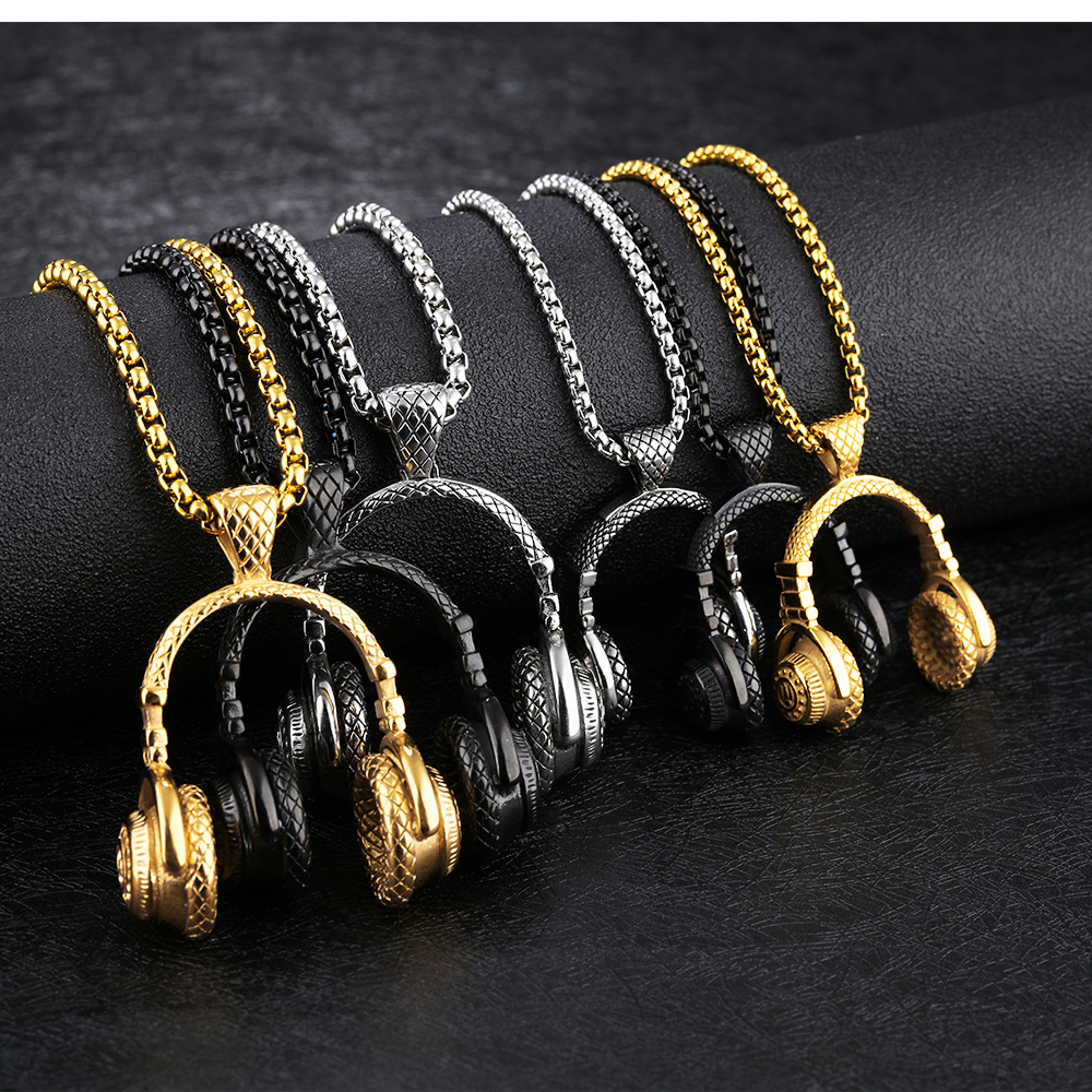 Mens Music Headset Pendant Necklace 316L Stainless Steel 18k Gold Plated Lover Couple Pendant Necklace Jewelry