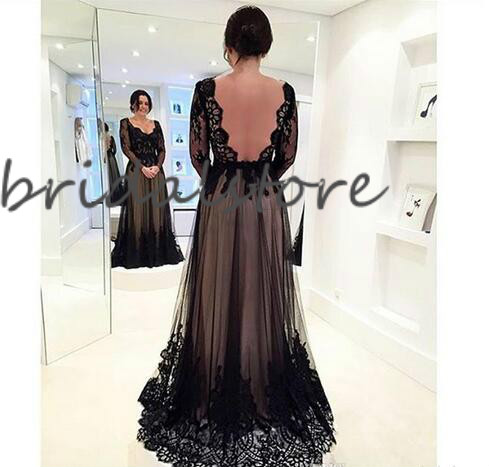Black Long Sleeve Mother Dresses Of Bride Sexy V Neck Illusion Back Lace Mother Of Groom Dresses Evening Party Wear Floor Length Tulle