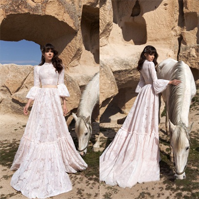 floral wedding dress highcollar appliqued lace 3 4 long sleeve sweep train bridal dress custom made robes de marie