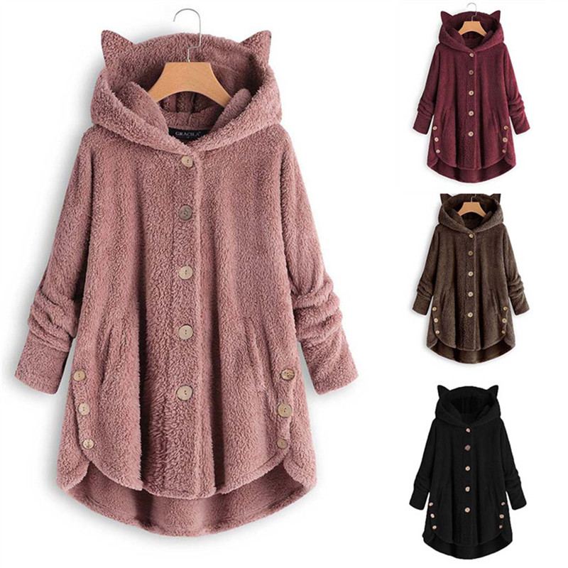 Women Fax Fur Coat Button Double-faced Velvet Shirt Irregular Loose Solid Color Thin Jacket Button Hooded Cat Ears Overcoat, Wine red
Women Fax Fur Coat Button Double-faced Velvet Shirt Irregular Loose Solid Color Thin Jacket Button Hooded Cat Ears Overcoat, Wine red