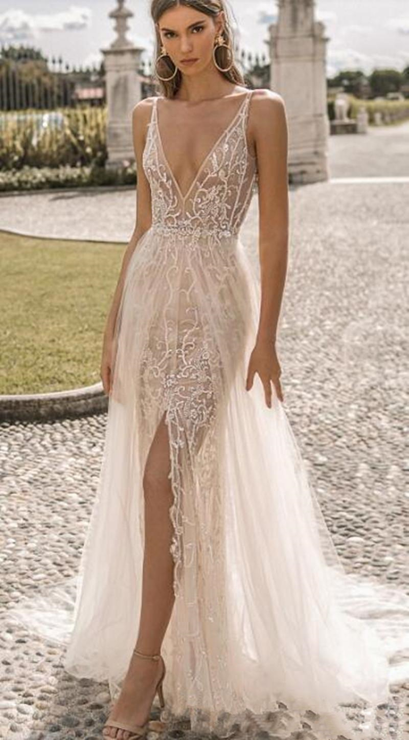 berta a e dresses plunging v neck backless lace bridal gowns see through boho slit wedding dress simple modest
