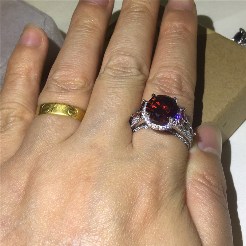 Vecalon Flower ring 925 Sterling silver Round 4ct 5A Red Zircon Party wedding band rings For women men Dropshipping Jewelry