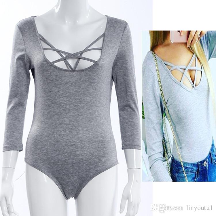 2020 Hot Sexy Women 3/4 Sleeve Bodysuit Bodycon Lady Leotard Body Tops Jumpsuit T-shirt V Neck Hollow out Bodysuit