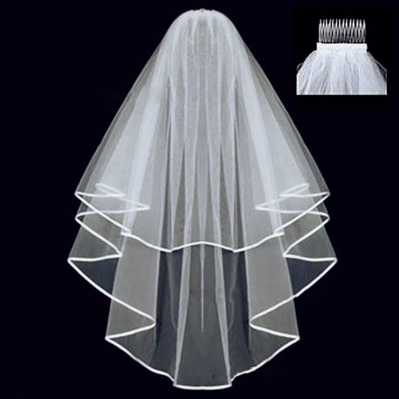 Charming Dual Shade Tulle Wedding Veil Timeless White & Beige Two-Layered Headpiece with Ornate Edging for Bridesmaids & Groomsmen