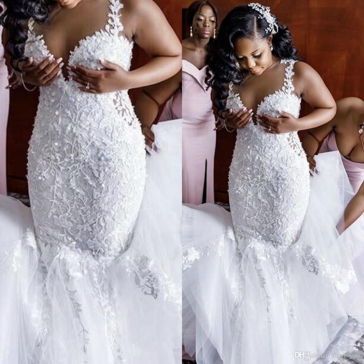 2020 African Floral Lace Mermaid Wedding Dress Plus Size Appliques Spaghetti Straps Sleeveless Bridal Gowns