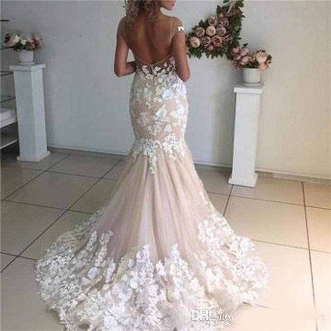 Gorgeous Lace Mermaid Wedding Dresses Blushing Champagne Sheer Cap Sleeve 3D Flora Appliques Long Backless Bridal Gowns 2020 Plus Size