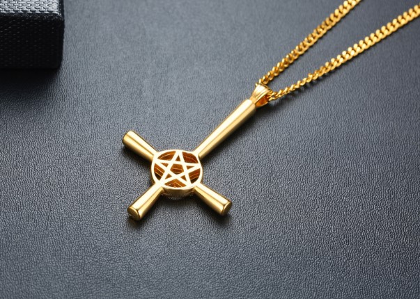 Daily Deals Choose silver gold black Stainless Steel Satan stand upside down Star Cross Pendant Mens Necklace Fashion jewelry 4mm24inch