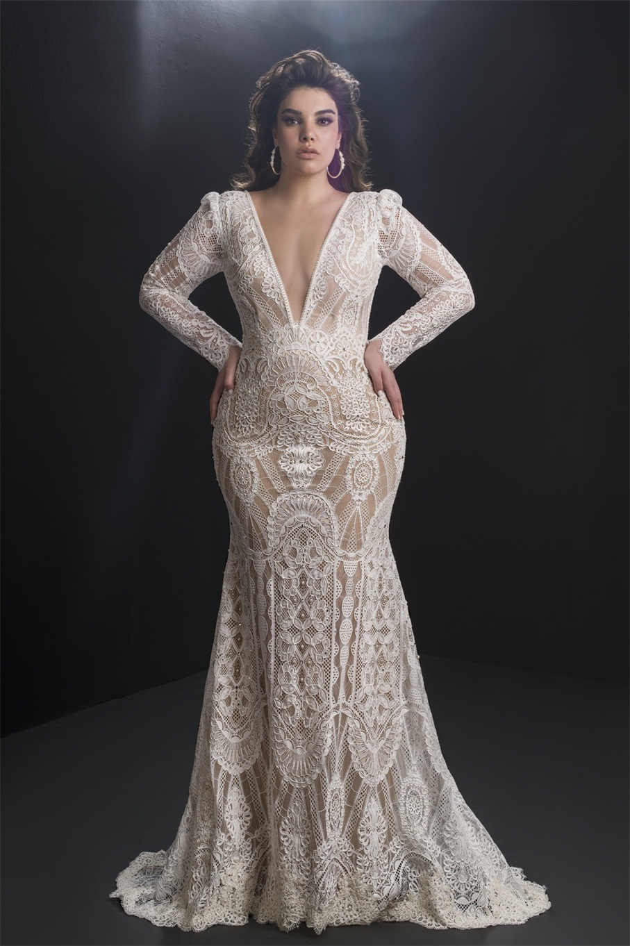 plus size mermaid wedding dresses v neck appliqued beaded long sleeves bridal gowns sheer back ruffle sweep train vestidos de novia