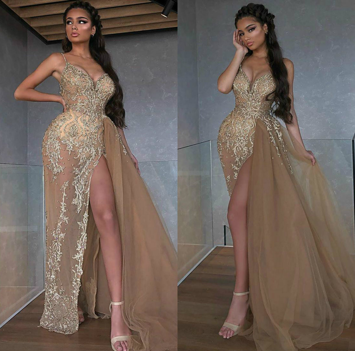 2020 Arabic Sexy Prom Dresses Lace Beaded High Side Split Spaghetti Evening Dresses With Detachable Train Illusion Formal Party Gowns