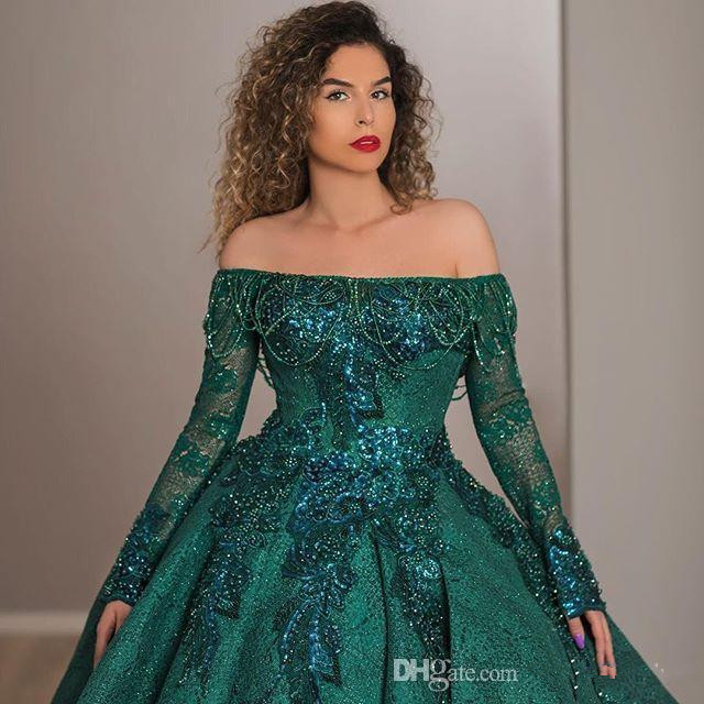 Luxury Dark Green Prom Dress Beaded Off The Shoulder Lace Appliqued Long Sleeve Classic Arabic Celebrity Customizable Formal Evening Gowns