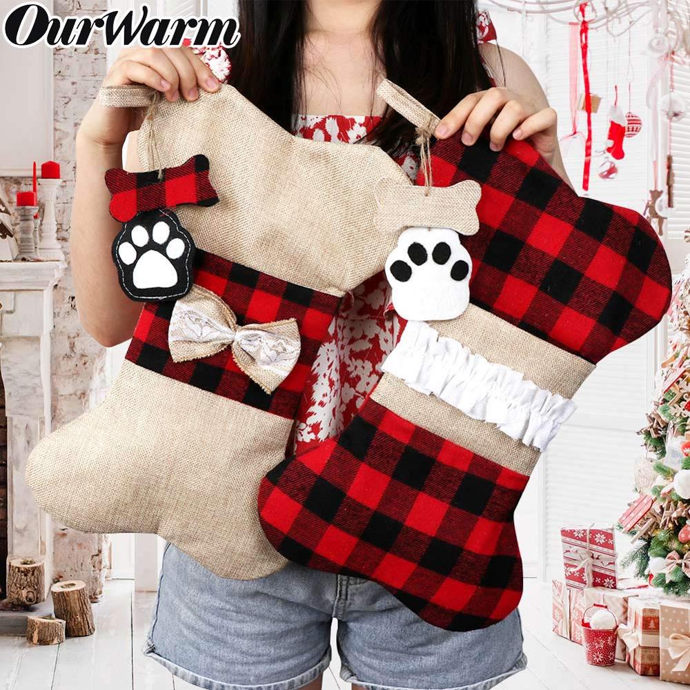Big Plaid Puppy Dog Christmas Stocking 42cm*26cm Cotton and Burlap Bone Christmas Gift Bags for Dog